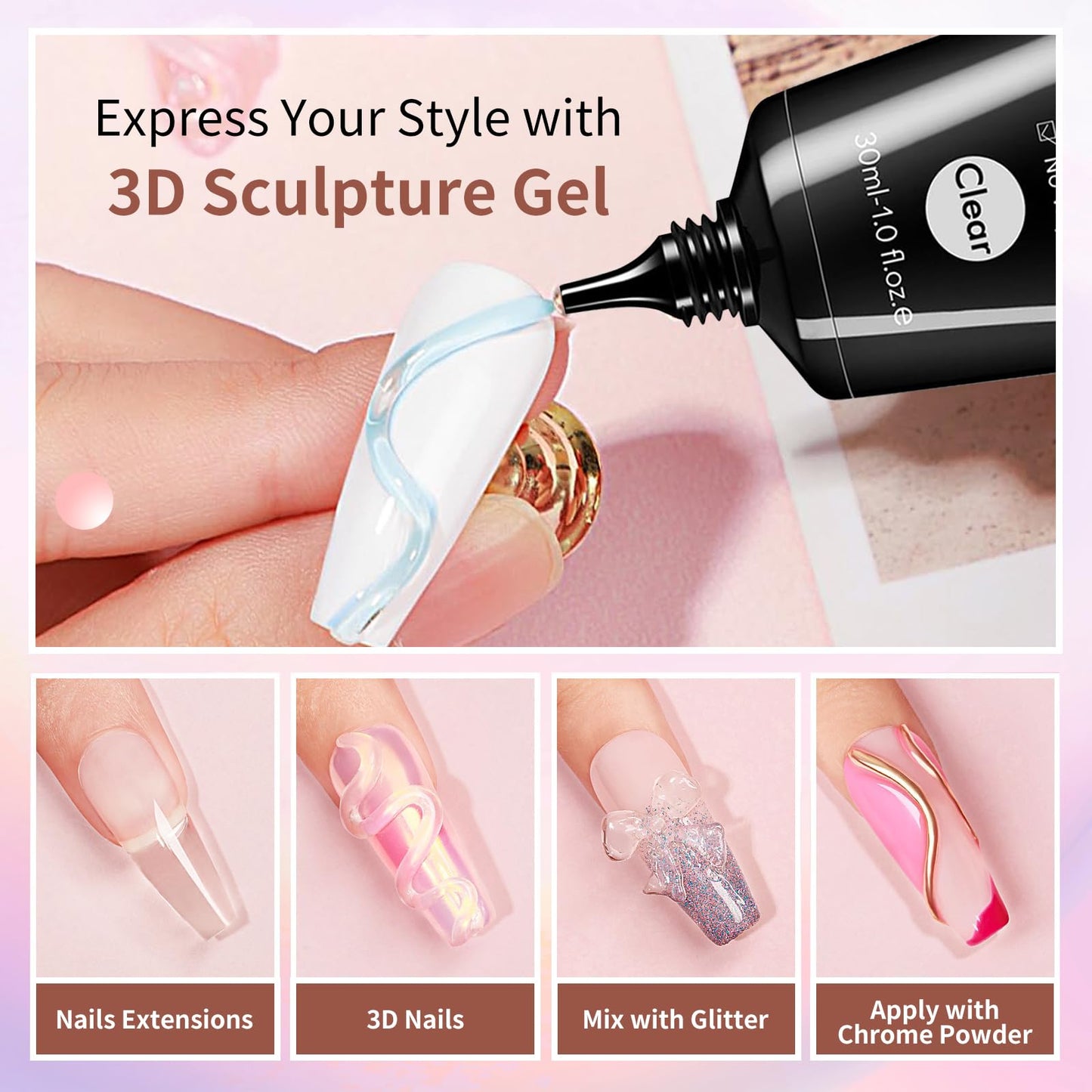 30g 3D Nail Gel and Chrome Powder Kit, Sculpting Gel Nail Art Glue for Art Designs DIY Craving Molding for Decoration Manicure Pedicure Use