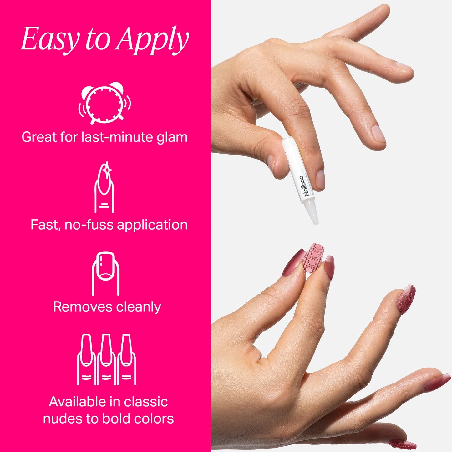 Nailboo Press On Nails, Salon-Quality Reusable Fake Nails for Fast DIY Manicure with Strong Hold Nail Glue for Press Ons, Nail File, & Alcohol Prep Pads, Dark Dreams, Stiletto