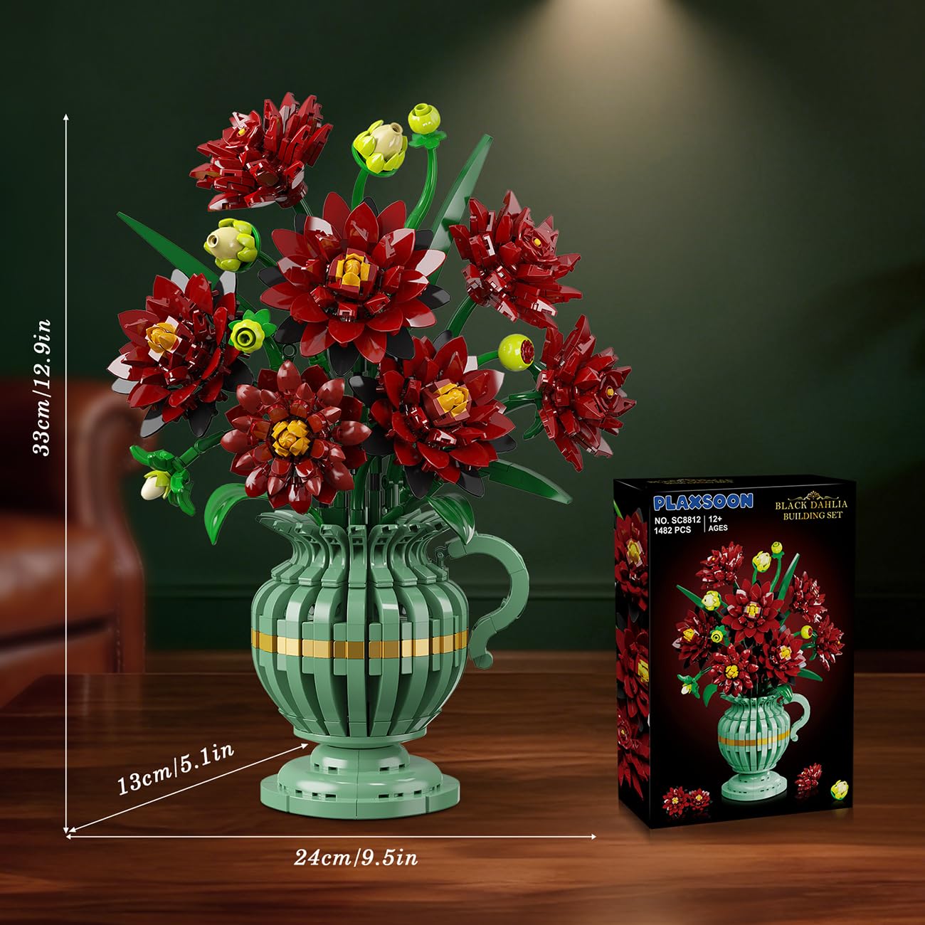 PLAXSOON Flowers Building Set, Dahlia Flower Bouquet Gift for Mothers Day Botanical Collection Building Block for Women Her Adult, 1482 PCS Gothic Plant Bonsai Kit Decor for Mom Wife Couple Girls 12+