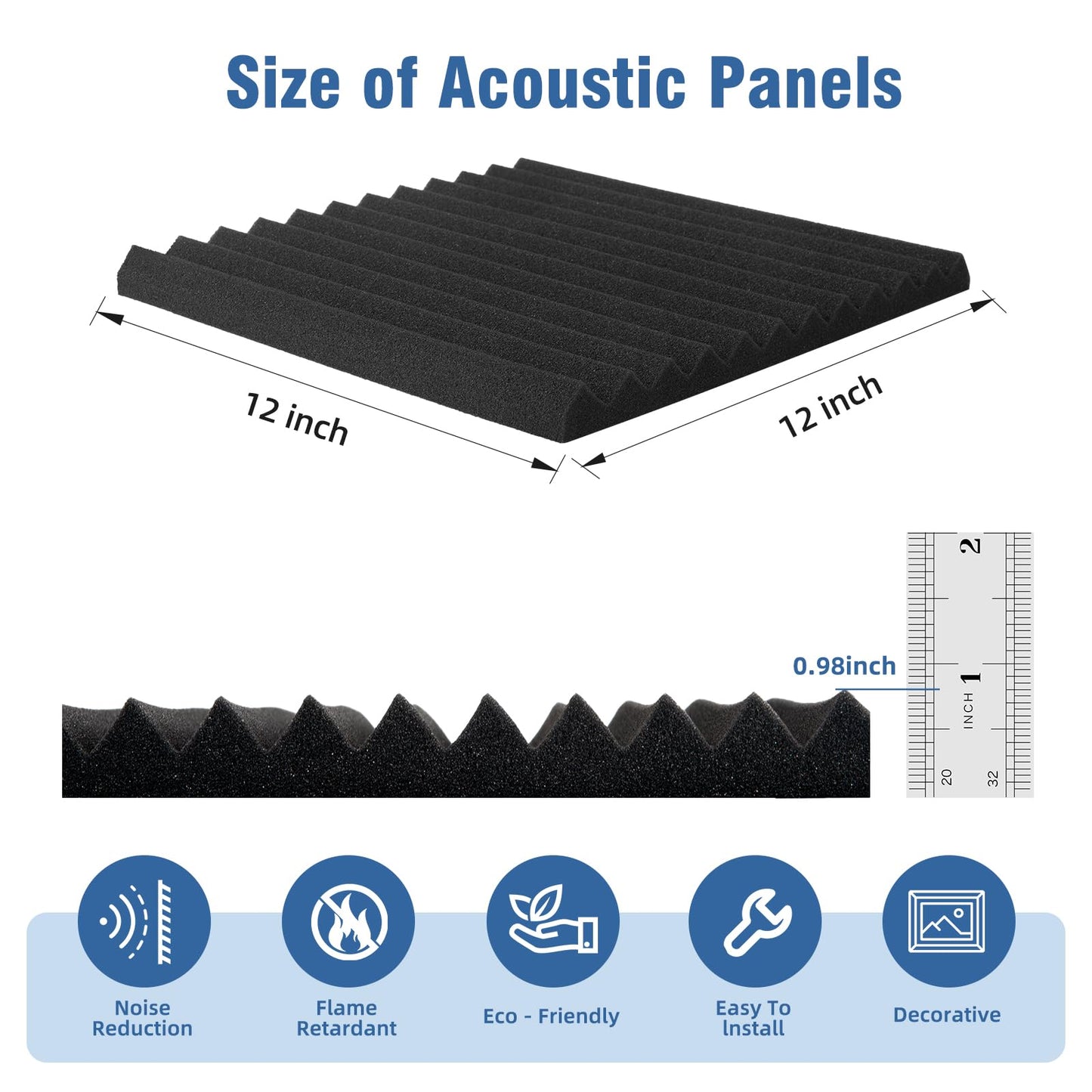 12 Pack Sound Proof Foam Panels,12"×12"×1" Acoustic Foam Panels, High Density Soundproof Wall Panels for Home Office Recoding Studio,With 250PCS Adhesive Stickers (Black, 12 Pack)