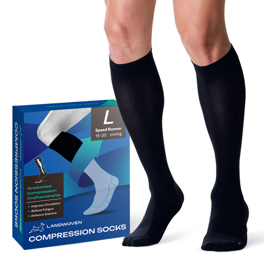 LANDWOVEN Compression Socks for Women and Men, 15-20mmHg Knee High Support Socks, Lightweight Breathable Travel and Running Socks for Flying, Training, Work and Daily Wear, L, Black 1 Pair