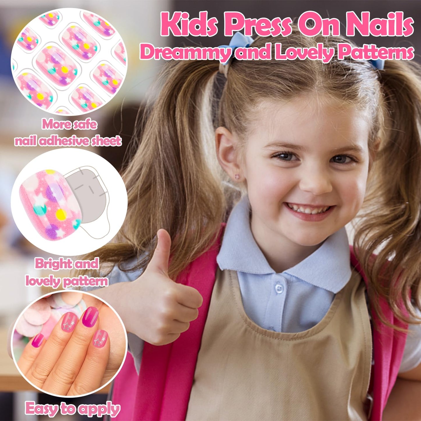 240 Pieces Fake Nails for Kids Girls Artificial Kids Press on Nails Full Cover Short Acrylic Stick On Nails False Nail Tips Kit for Children Little Girls Nail Art Decoration (Stars)