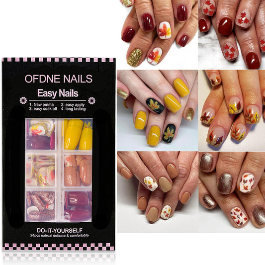 144 Pcs Fall Press on Nails Kit - Short Square False Nails with Maple Leaves, Glitter & Colorful Designs - Full Cover Glossy Glue on Nails - Autumn Acrylic Nails for Women & Girls