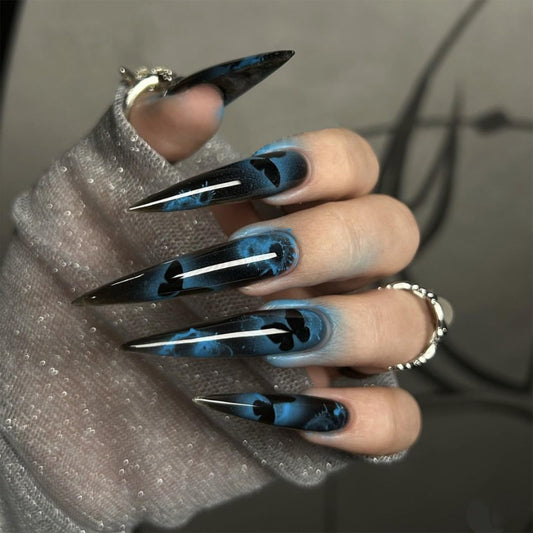 IMRAIN Long Press on Nails Stiletto Fake Nails Black Ombre False Nails with Dark Blue Butterfly Designs Full Cover Acrylic Glossy Nail Supplies Glue on Nails DIY Nail Art 24Pcs