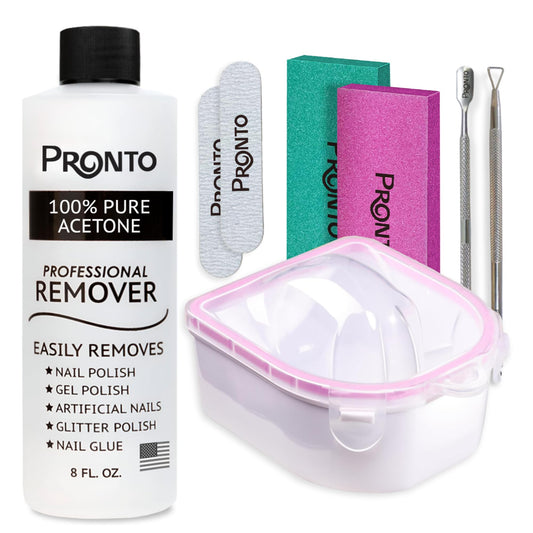 Pronto Gel Nail Polish Remover Kit – 8 Oz Pure Acetone 100 Percent, Nail File & Nail Polish Soak Off Bowl for Nail Care + Manicure Set with Nail Buffer Block, Cuticle Pusher & Nail scraper