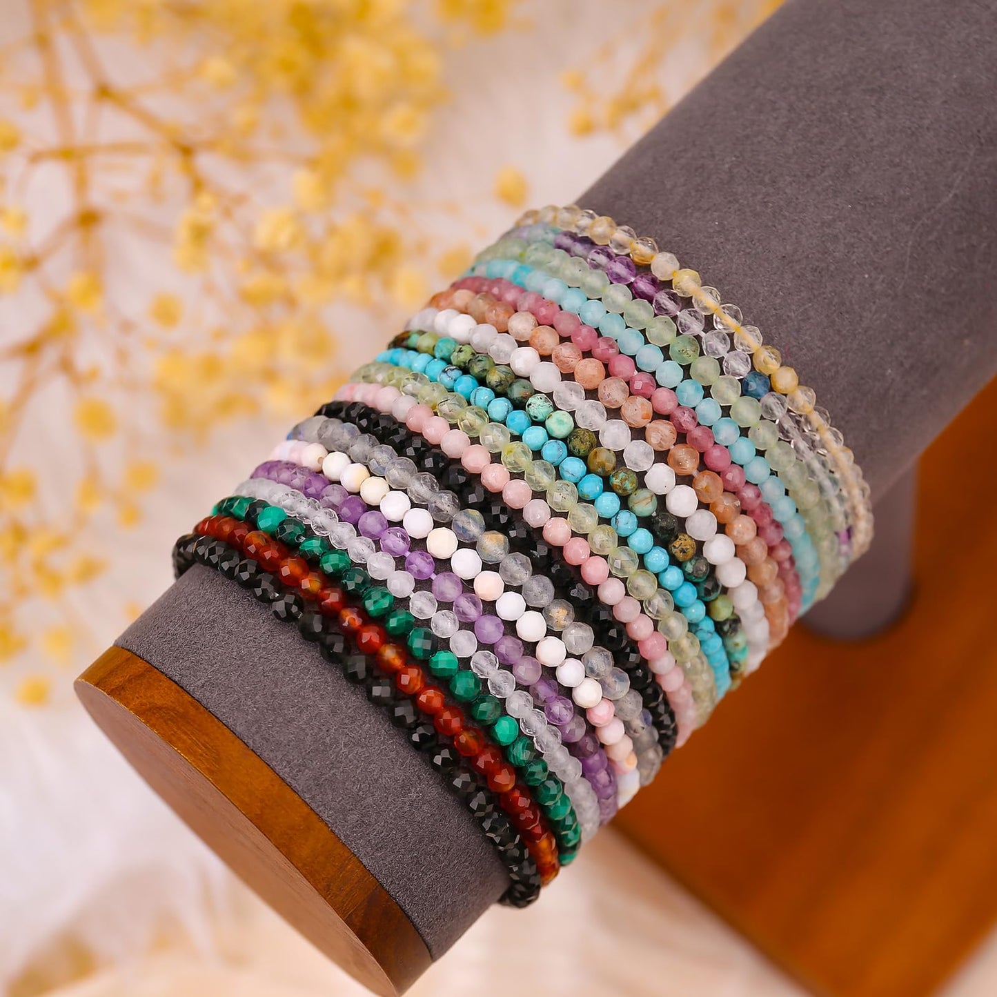 BONNY BOXX Natural Genuine Gemstone Faceted Round Beads Bracelets, 3mm Adjustable Stretchy Tiny Faceted Amazonite Bracelet, Healing Crystal Reiki Chakra Dainty Jewelry Fashion Gifts