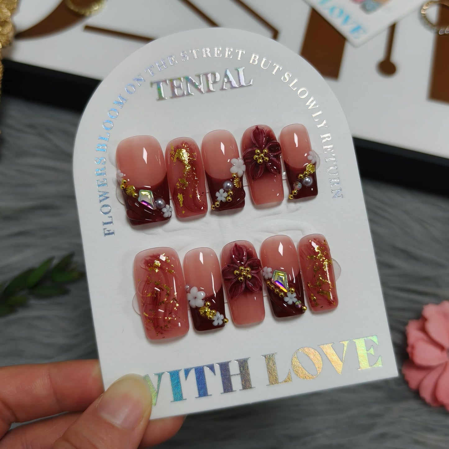 TENPAL Wine Red French Tips Press on Nails Medium Coffin, Ombre 5D Flower Pearl Sweet Sexy Glitter Handmade Fake Nails Reusable Daily Wear Salon Acrylic False Nails for Women 10PCS(M)