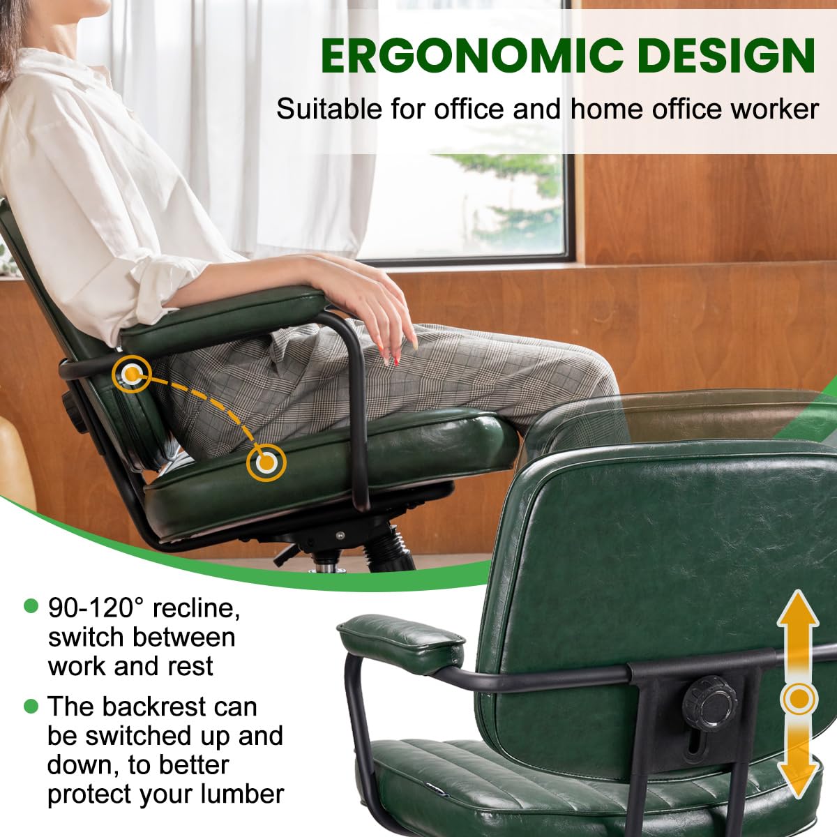 Artswish Mid Century Office Desk Chair - Green Leather Home Office Chair with Wheels and Arms