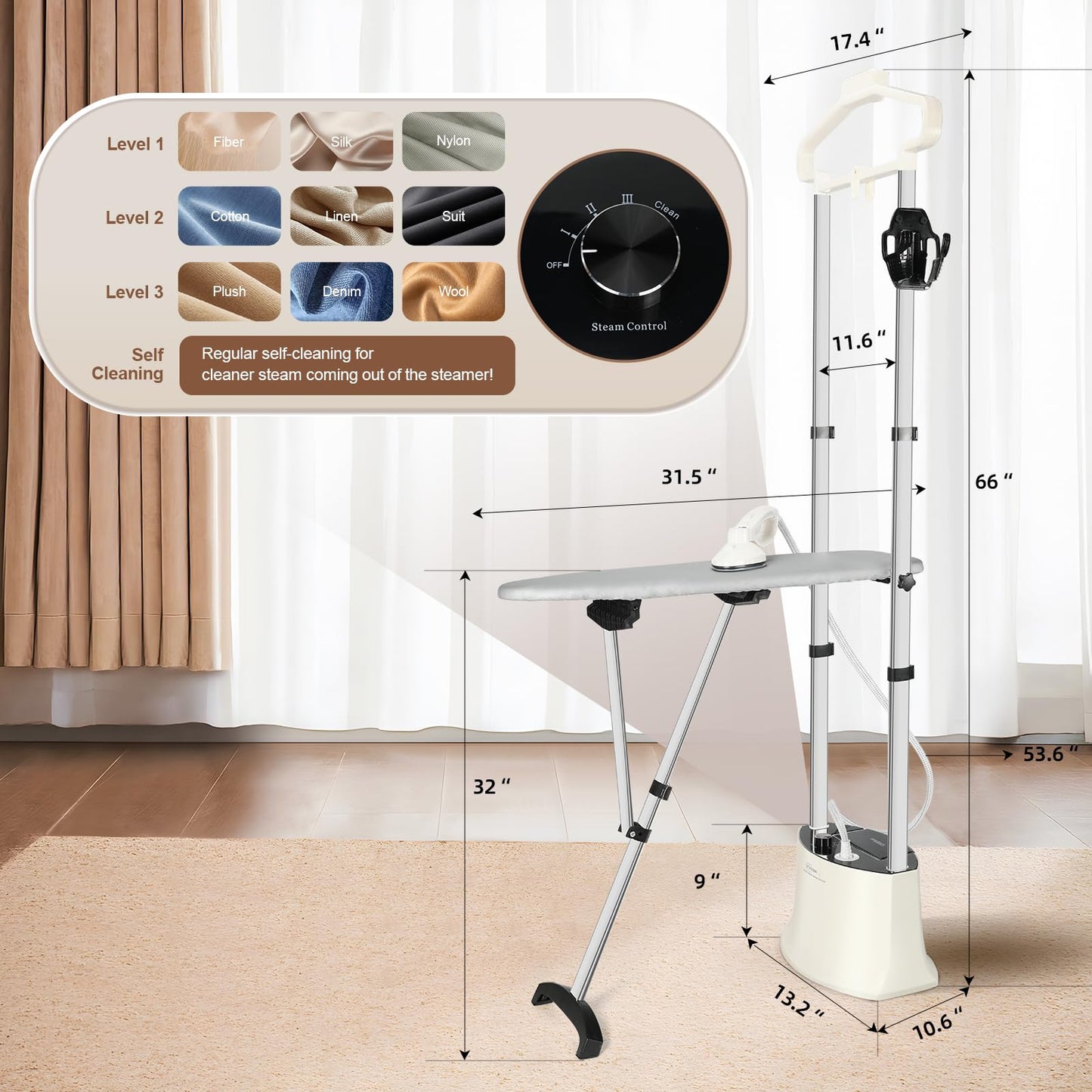 Professional Heavy Duty Full-Size Standing Garment Steamer 25s Fast Heat-up with Rotating Ironing Head 1.6L/54 fl.oz Water Tank, Self-cleaning Function, Foldable Ironing Board, Ironing Gloves
