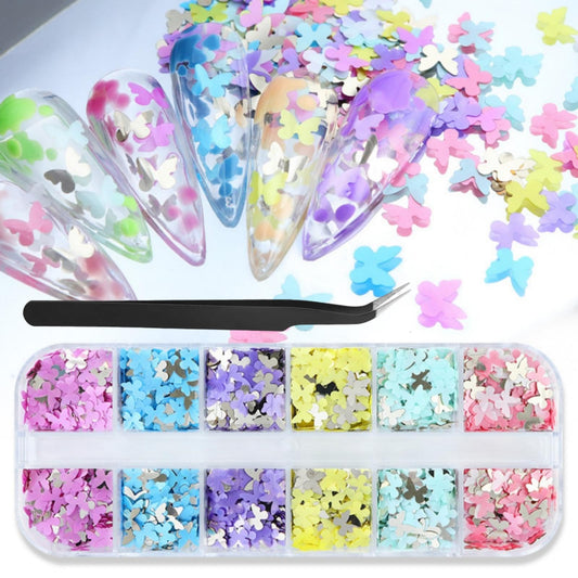 1 Box 6 Color Holographic Butterfly Nail Glitter Laser Pink Nail Sequins 3D Blue Yellow Nail Flakes Sparkly Powder Flakes Shiny Nail Glitter Colorful Nail Sequins Glitter for Nails Art 12 Grids