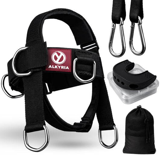 ALKYRIA Neck Harness Weight Lifting Trainer - Adjustable Neck Exerciser & Strengthener for Gym, Boxing, and Home Training - Padded Head Harness with Bonus Jaw Exerciser & Mesh Bag