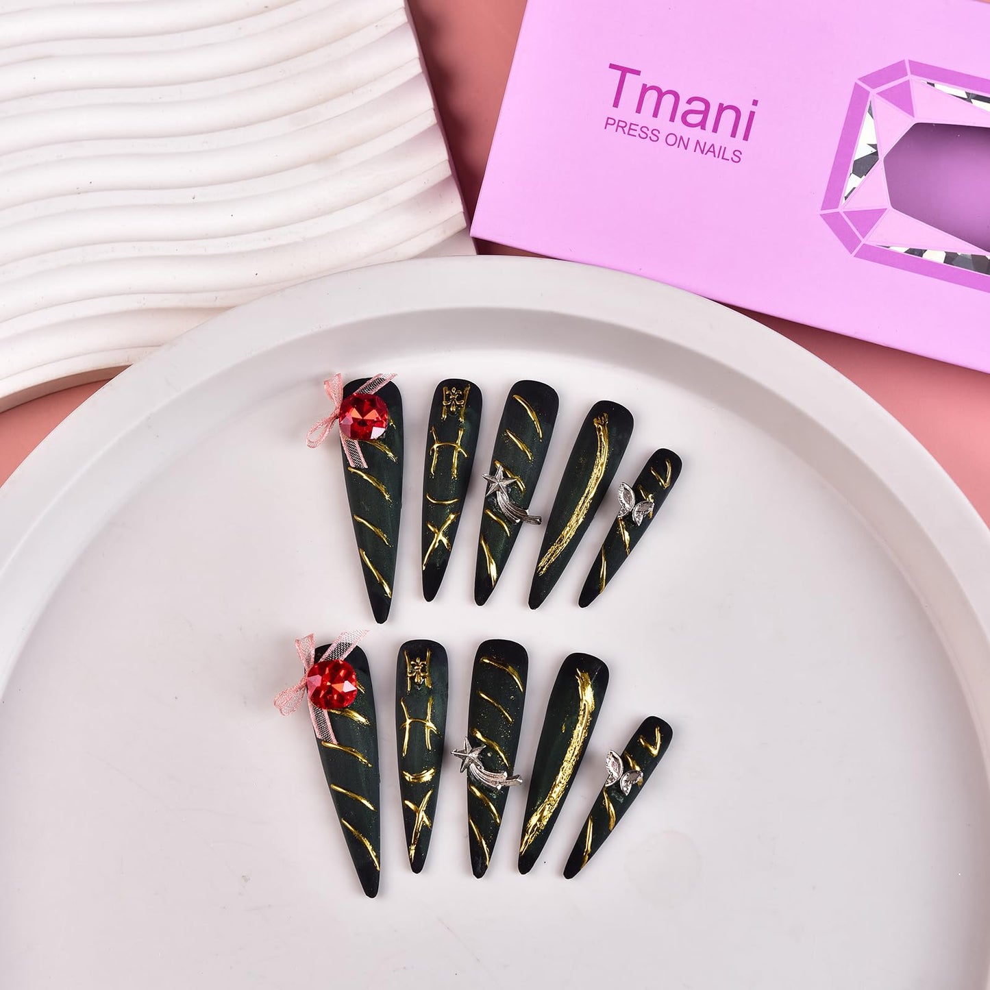Tmani 10pc/set Extra Long Handmade Press On Nail Hot Girl's Long Ballet Nails Pointed Nail Full of Diamond Glitter Decoration Fake Nails Suitable For Girls Festival Parties and Birthday Gift (190,M)
