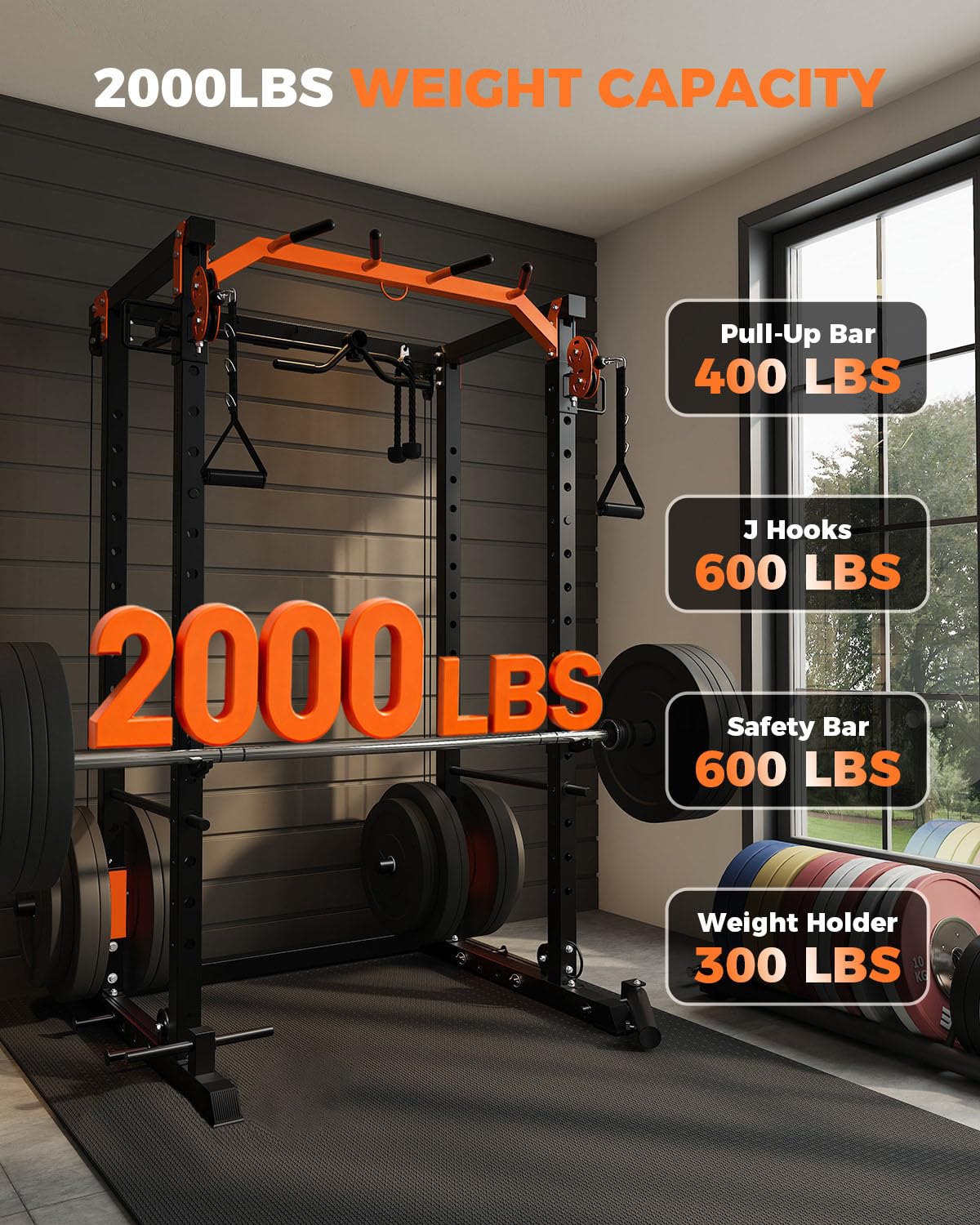 Garvee Power Cage, Power Rack with Cable Crossover System, 2000LBS Squat Rack with LAT Pull Down System, Workout Cage with Pulley System for Fitness Home Gym Strength Training, Orange & Black