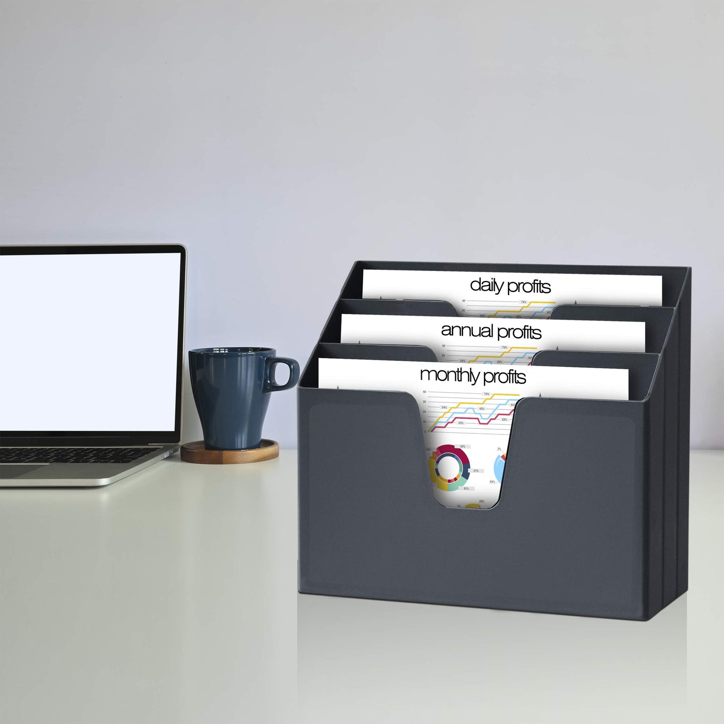 Acrimet Horizontal Triple File Folder Holder Organizer, Open Top Desktop Document Sorter for Letter Size Papers & Folders, Plastic (Black)