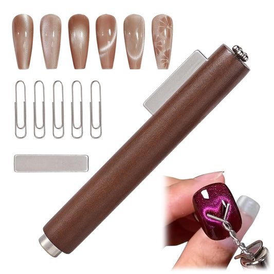 3 In 1 Nail Magnet For Cat Eye Gel Polish With Extra 1 PCS Square Magnet, 5 PCS Paper Clips For Heart Flower And Black Hole Nail Art DIY Tools Design Walnut
