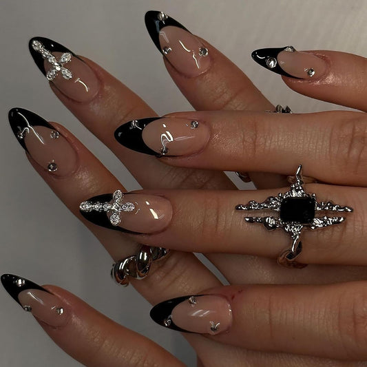 24 Pcs Handmade Almond Press on Nails Short Medium Fake Nails Black French Tip False Nails with Rhinestone Design Artificial Nails Holiday Glue on Nails Reusable Full Cover Stick on Nails for Women