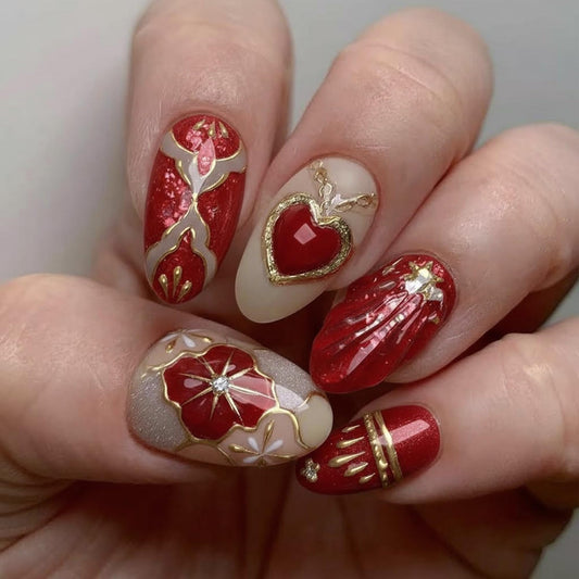 octoswave Press on Nails Almond - 30 Pcs Red Heart & Gold Floral Design Glue on Nails, Medium Short Almond Fake Nails with 3D Textured Starfish & Shell Accents, Glossy Gel Finish Luxury Nail Kit