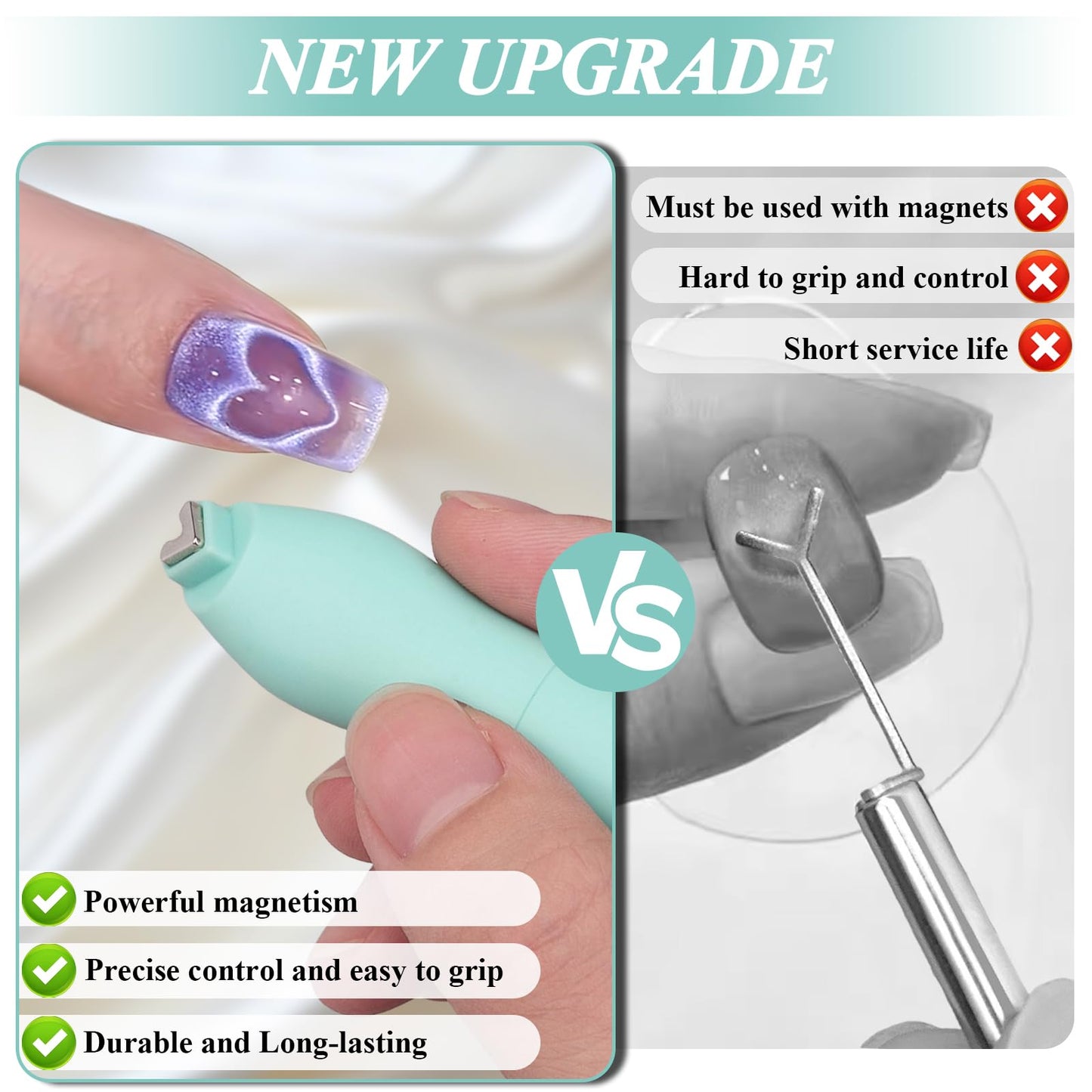 Plman 3 in 1 Heart Magnet for Cat Eye Gel Polish, Double-Head Flower Design Nail Magnetic Pen, Multifunctional Cat Eye Magnet for Nail, Cat Eye Nail Magnet with Nail Magnet Guides (Heart Set-Green)
