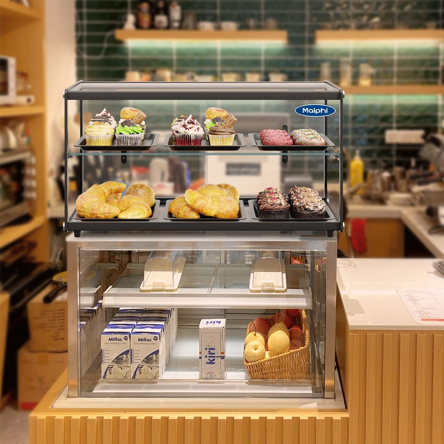 Malphi 29in. Tiered Pastry Bakery Display Case with Glass Shelf and Sliding Door,3cu. ft. Capacity|Large Bread Cookie Display Box | 29.3" x 15.3" x 15.4"
