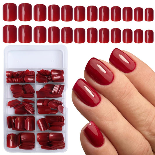 LuckForever Short Press on Nails 240pc Glossy Red Press on Nails Short Square Fake Nails Full Cover Round Fingernails Tips 10 Sheet Nail Glue Adhesive Tabs, Wooden Sticks Files Tools for Women Girls