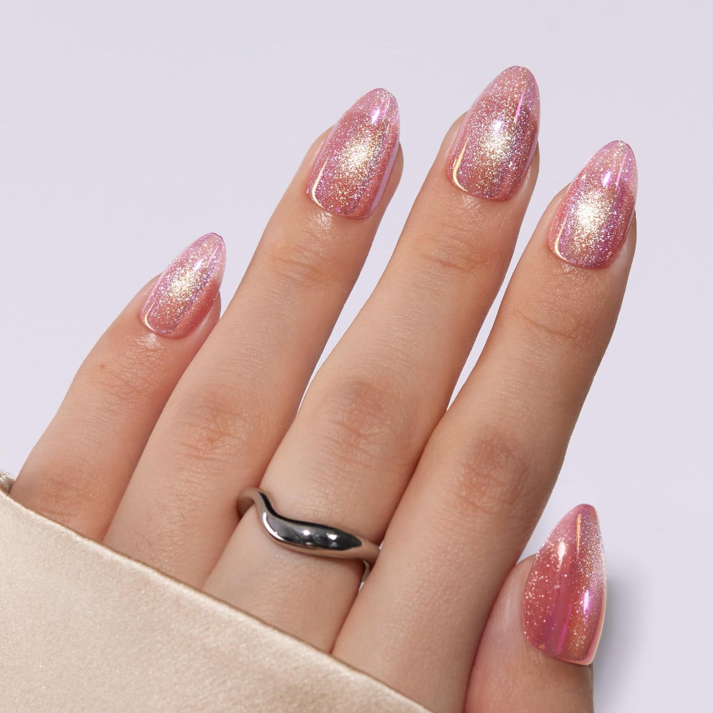 VSALON Press on Nails Short Almond - Pink Cat Eye Pastel Glitter Holographic Spring Fake Nails Kit, Reusable Opaque Gel Chrome Glue on Nails with Glue & Cuticle Oil