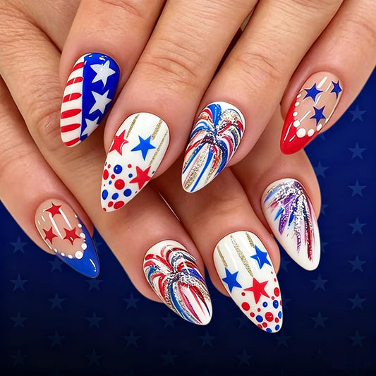 4th of July Press on Nails Medium Almond Fake Nails with Star and Fireworks Designs Red White Blue Nails Press ons Patriotic Theme Glue on Nail Independence Day Stick on Nails for Women 24Pcs