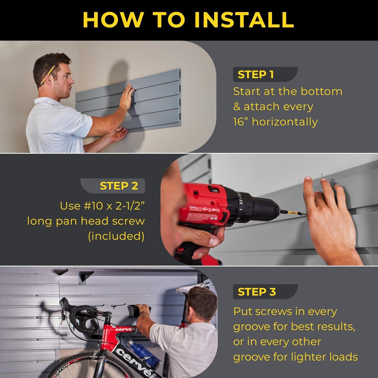 Heavy Duty 4x8 PVC Garage Slatwall Storage System (with Endcaps & Screws) - Modular Slat Wall Paneling for Garage Wall Organizer - Interlocking Slatwall Panels for Home & Commercial Use (Black)