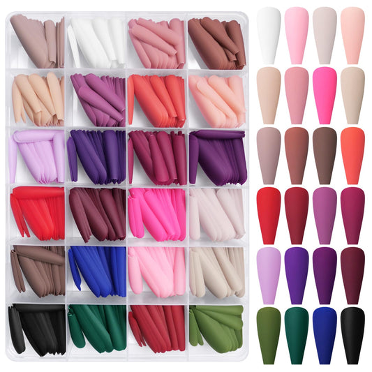 AddFavor 576pcs Long Press on Nails Coffin Matte Fake Nails Full Cover Ballerina Medium Length Acrylic Artificial False Nail Tips 24 Solid Colored Coffin Nails for Women DIY Nail