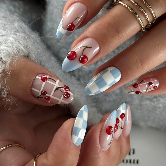 24pcs Cherry Press on Nail Almond Shape Fake Nails with Grid designs Blue Stick on Nail Full Cover French Tip Medium Press ones Cute Summer False Nails for Women Manicure Decor