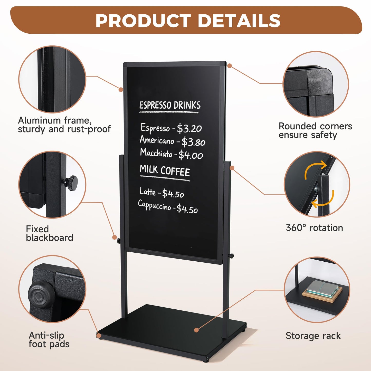 SELEAD 20”x45” Magnetic Aluminum Frame Chalkboard with Metal Floor Stand - 360° Reversible Double-Sided Chalk Board Heavy-Duty Indoor Outdoor Sign Board for Menu, Business, Cafe, Home Office