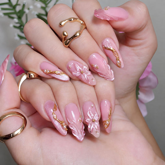 Long Press on Nails Almond Fake Nails Pink Artificial Nail Floral Stick on Nail with 3D Flower Pearl Gold Line Shimmer Accent Romantic Look for Women 24pcs