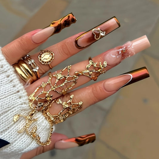 MISUD Press on Nails - Long Square Fake Nails with Brown Chrome, Acrylic French Tip Design 24 pcs