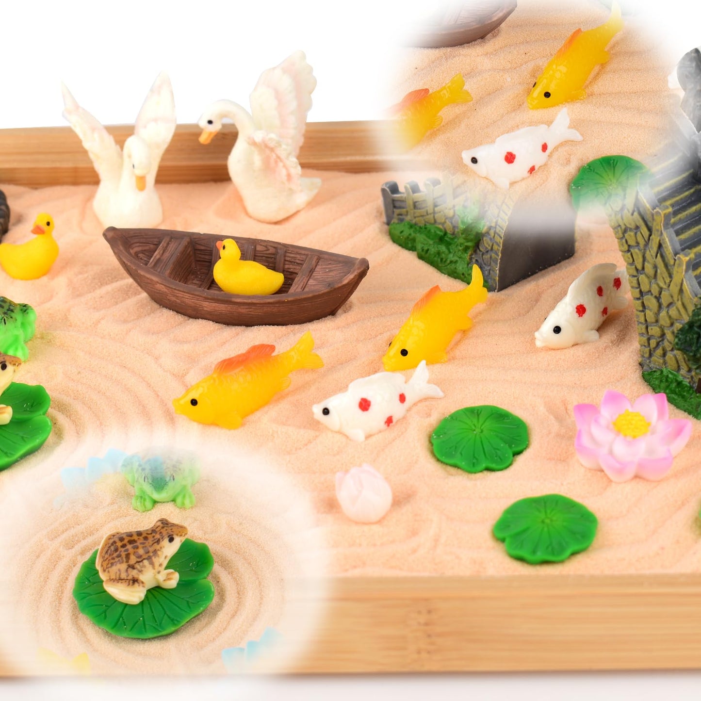 Zen Garden Kit for Desk, Fresh and Vivid Garden Style Sand Tray Therapy kit with Wooden Tray & Rake Garden Accessories, Home, Office Desk＆Meditation Room Decorations for Emotional Wellness