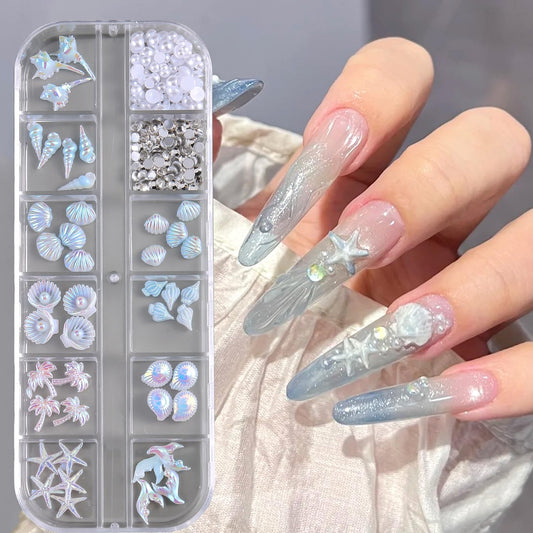 3D Summer Beach Resin Nail Charms, Aurora Shell Starfish Conch Fishtail Nail Decorations with Flatback Pearls and Rhinestones Gems for Nail Art DIY Crafts Manicure Jewel Accessories
