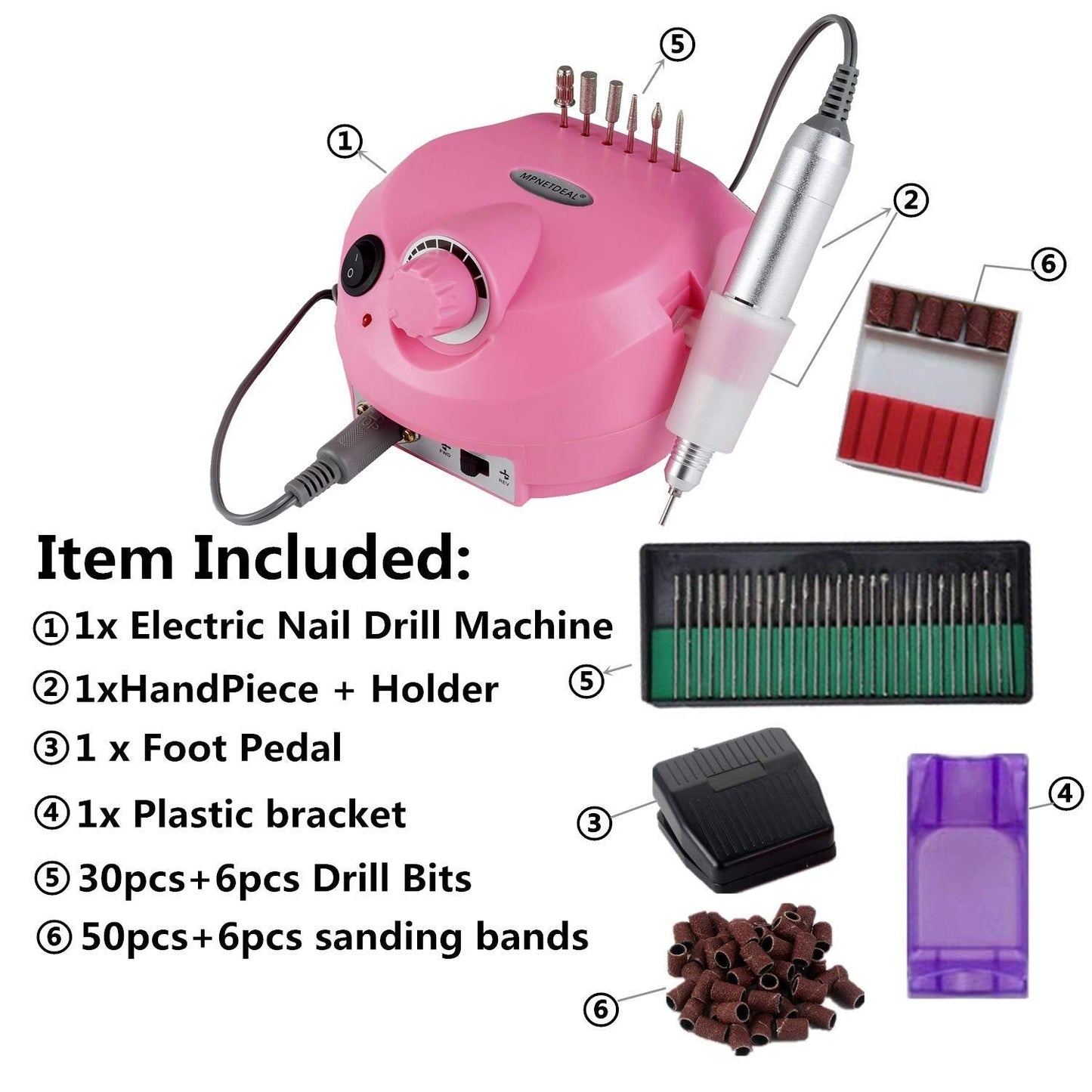 MPNETDEAL Electric Nail Drill Efile Professional Nail Drill Machine 30000RPM Tools for Acrylics Nails Natural Nails with Foot Pedal Ideal for Gel Nail at Home use or Nail Salon (Pink)