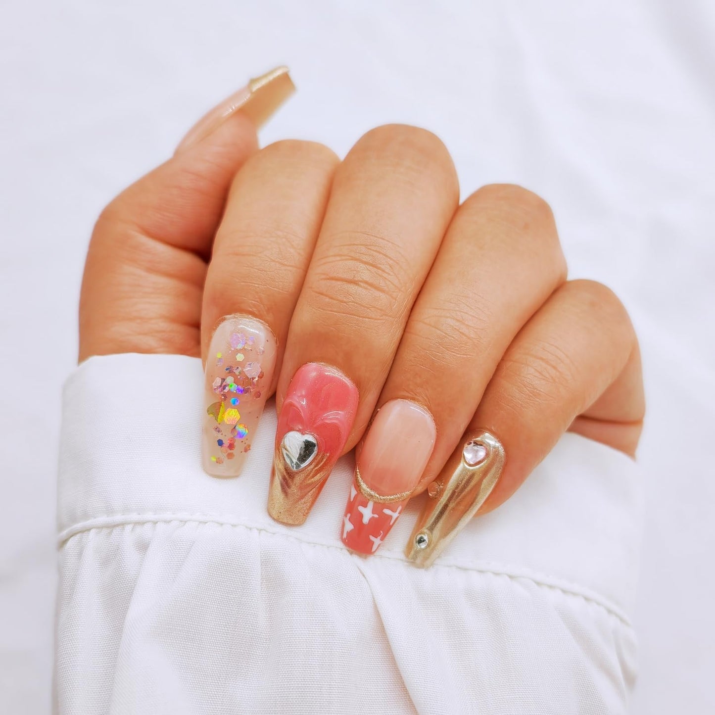 RENBING handmade press on nails short,coffin fake nails with designs,10 pcs high hardness acrylic nails press ons,3d cute false nails for women-Gilded Girl(S)