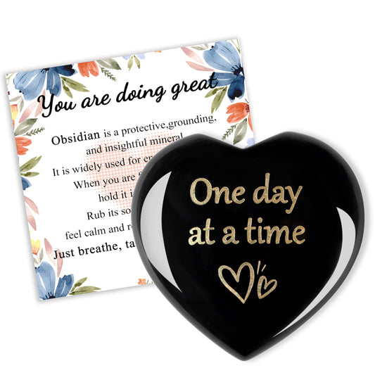 QINJIEJIE Black Obsidian One Day at A Time Heart Worry Stones Healing Crystal Thinking of You Gifts for Anxiety Relief Items You Got This Inspirational for Friend Encouragement Gift for Women Men