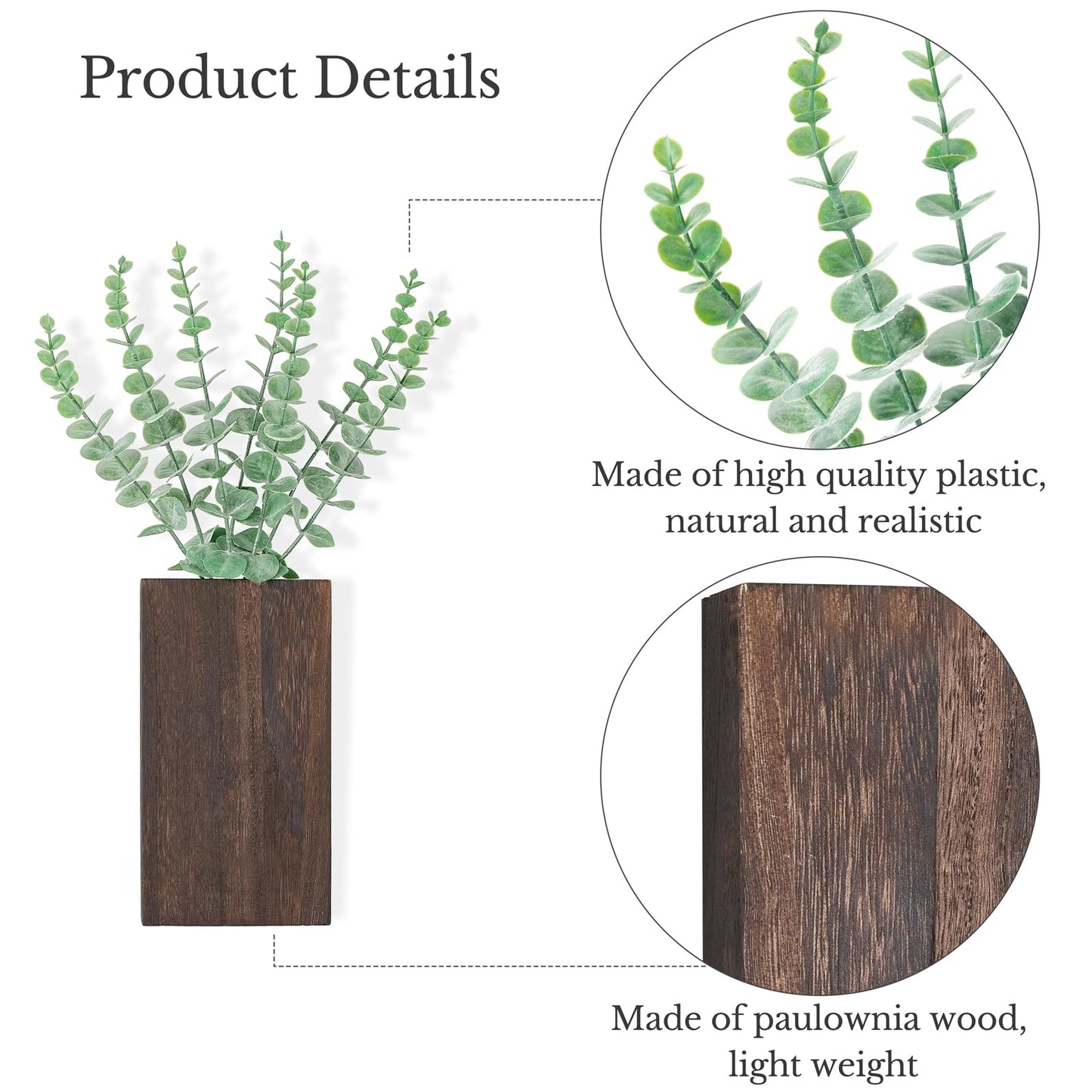 Dahey 2 Pack Wood Wall Planter Vase with Artificial Eucalyptus Farmhouse Wall Hanging Decor Pocket Planter for Indoor Fake Plants Greenery, Living Room Bedroom Kitchen Home Office Decoration