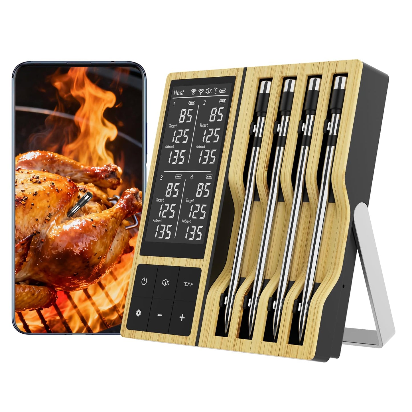 Smart Wireless Meat Thermometer with 4 Probes & 800ft Range, Bluetooth Grill Food Thermometer, Digital Backlit Screen, 0.5S Instant Read, NIST ±0.5℉ Accuracy for Kitchen BBQ, Oven, Smoker, Air Fryer