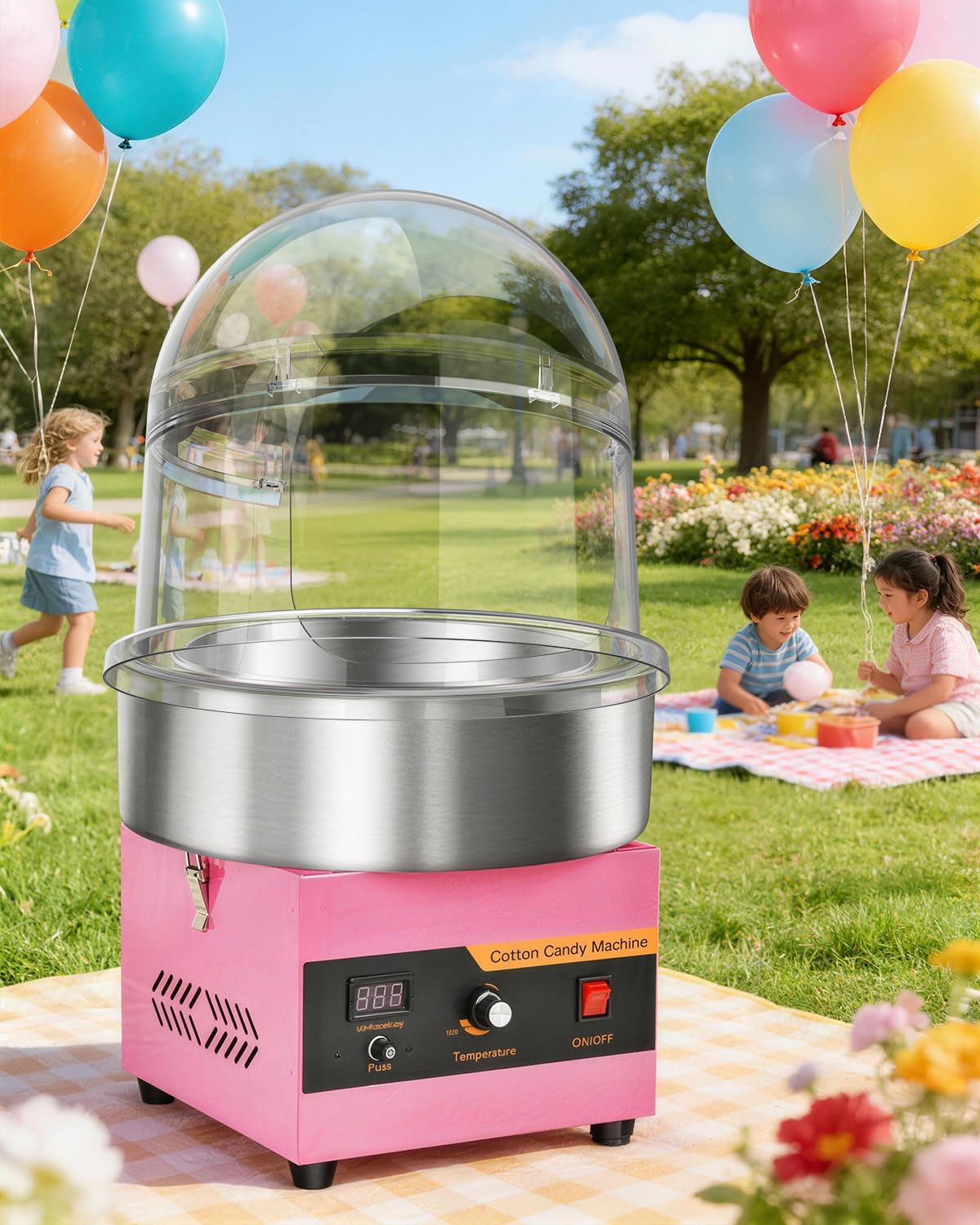 1000W Professional Cotton Candy Machine Kit with Stainless Steel Bowl, Cover, Sugar Scoop & 15" Transparent Acrylic Dome - for Kids Birthday, Family Party, Festival