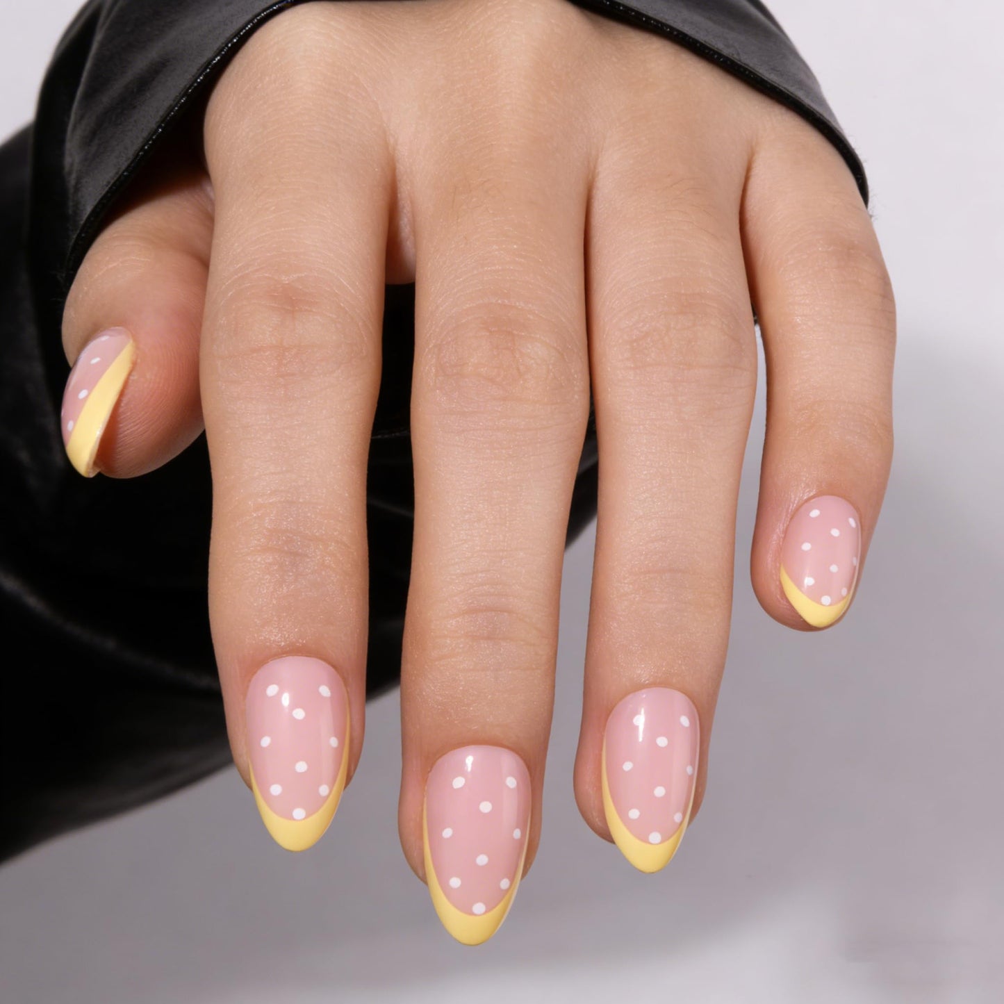 PILOLO Press On Nails Polka Dot Fake Nail Tips Adhesive Reusable Full Cover Acrylic False Nails Long Almond Stick On Manicure Set for Women Girls Gift (Sunny Dots)