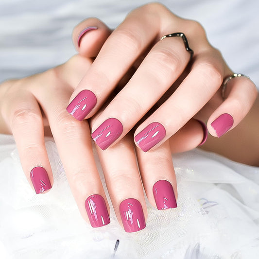 iBeautying Press on Nails - Gorgeous Pink False Nails | Solid Color Finish Short Reusable Fake Nails in 10 Sizes with Jelly Glue Pad