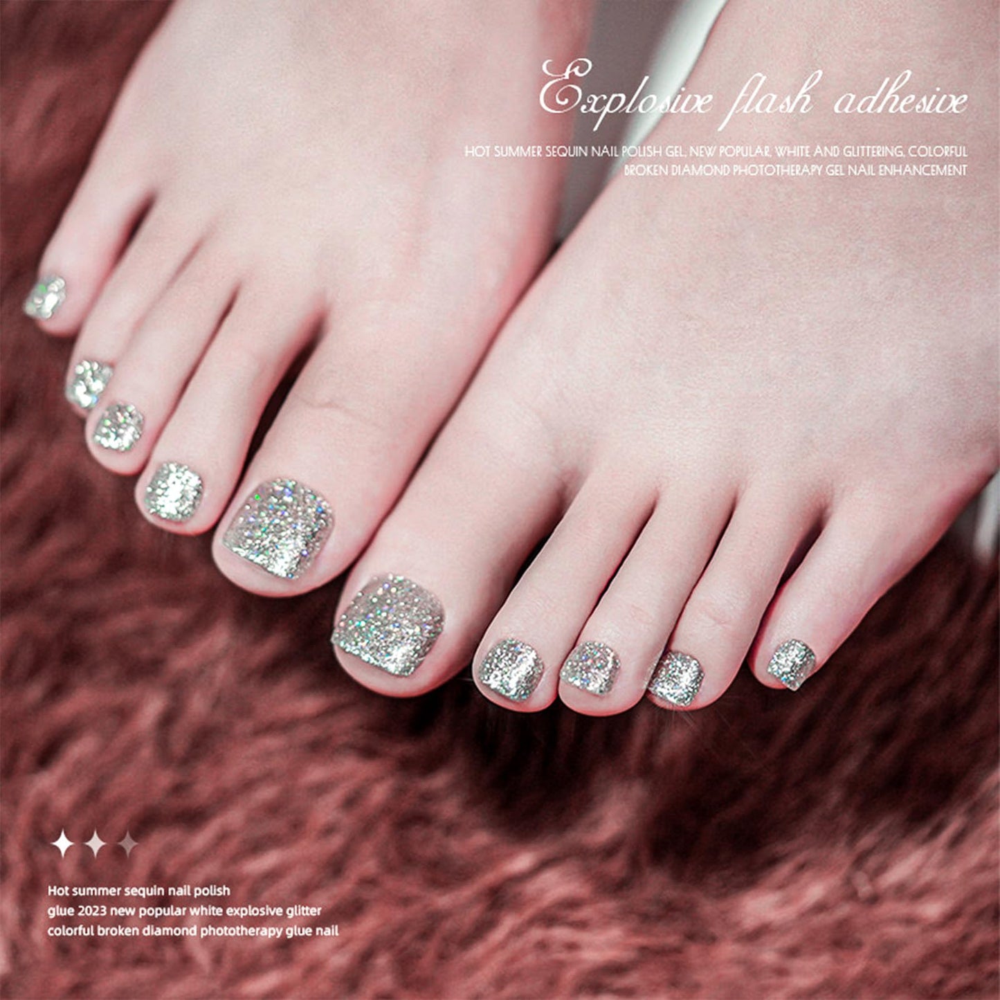 Silver Glitter Press on Toenails Short Square Acrylic Toe Nails Finish Fake Toenails Full Cover Glue on Toe Nails False Toenails with Powder Designs Cute Artificial Toenails for Women Girls 24Pcs