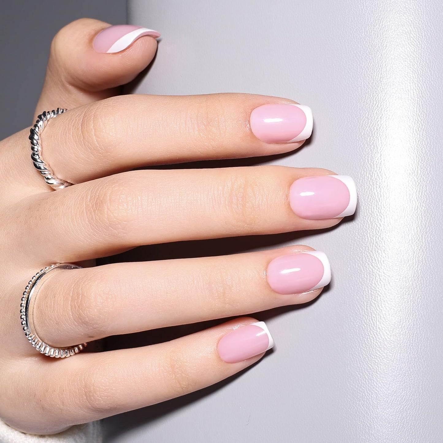 Leefrei French Tip Press On Nails - Short Square Press on Nails Pink White Tips Nails Press Ons for Women Fake Nails with Glue, Glossy Reusable Glue on Nail in 15 Sizes - 30pcs, Dusty Lavender