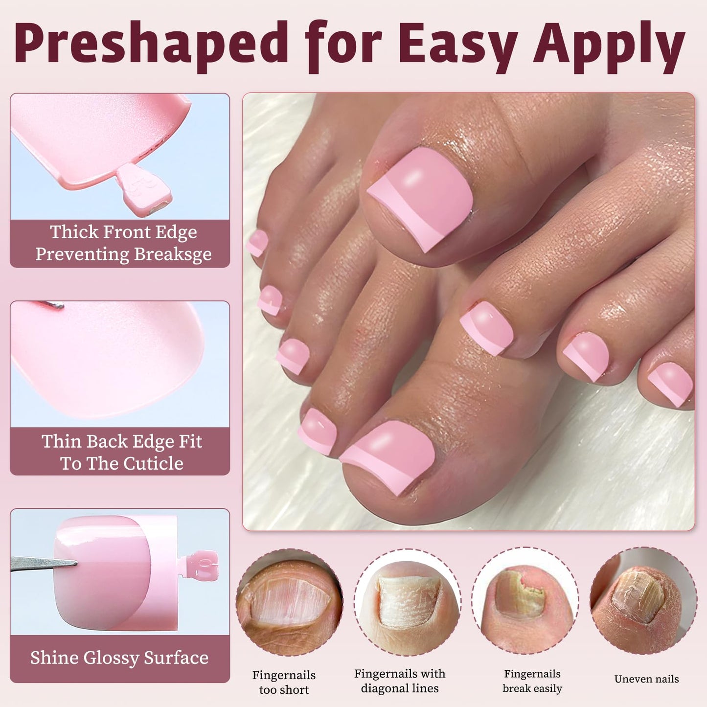 Bellelfin French Press On Toenails For Women with Nail Adhesive Tabs, 150 Pcs Pink French Tip Toe Nail Press Ons, Short Square Toenail Press On, 15 Sizes Full Cover Acrylic Fake Toe Nails