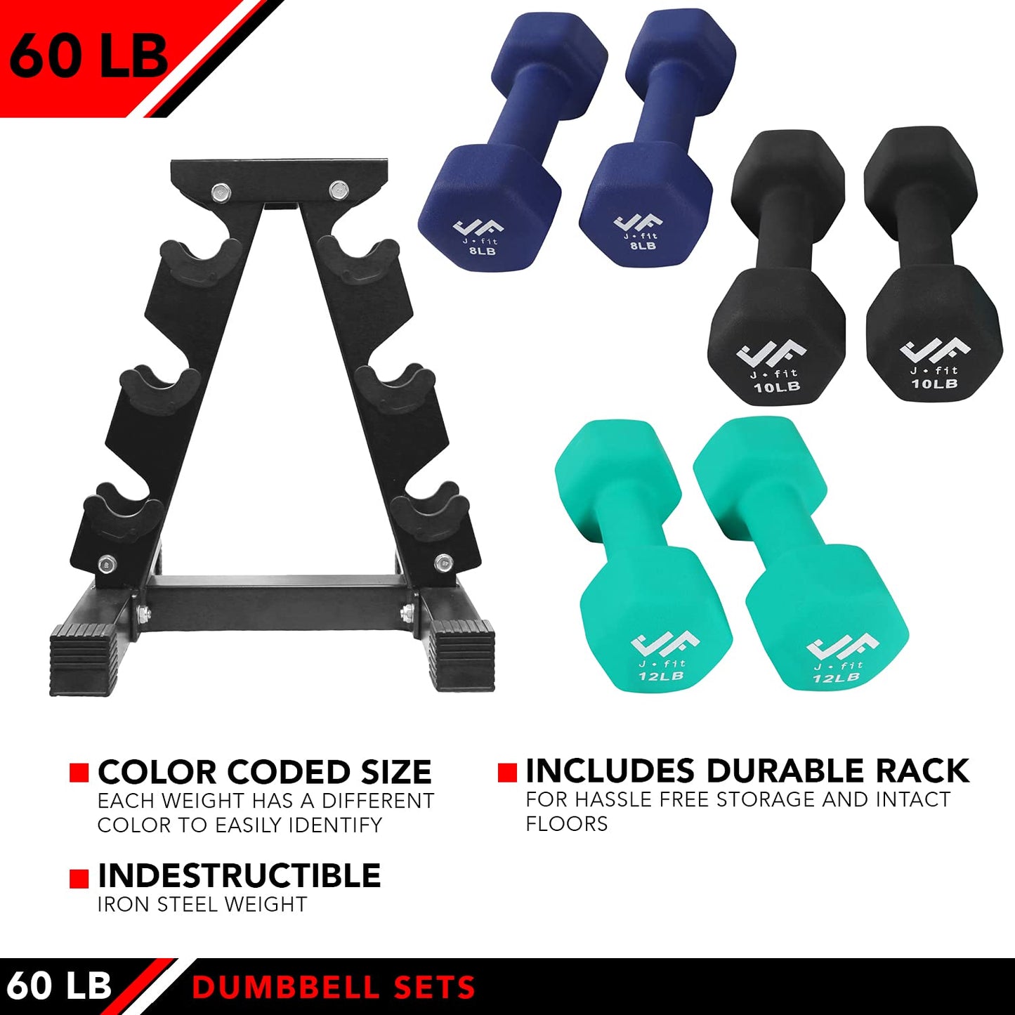 JFIT Dumbbell Set w/Durable Rack, Double Neoprene Coated Workout Weights, Solid Design Rack, 60 LB Set