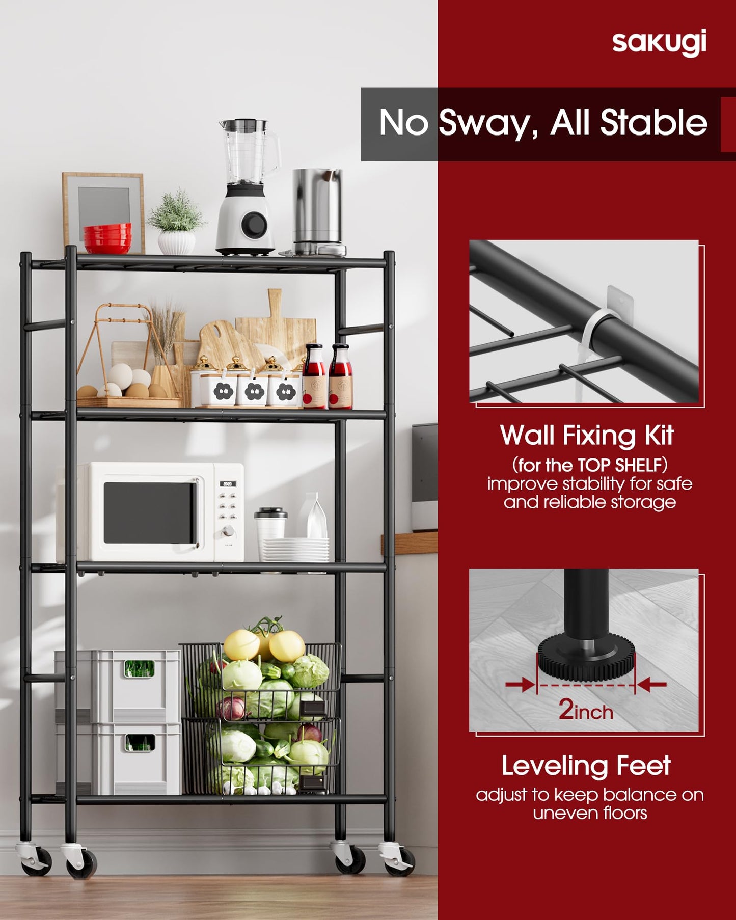 Sakugi Storage Shelves Organizer - 4 Tier Metal Shelf Organizer with Metal Wheels and Adjustable Leveling Feet, Heavy Duty Garage Shelving for Kitchen, Pantry and Closet, 33.1"x12.6"x58.9", Black