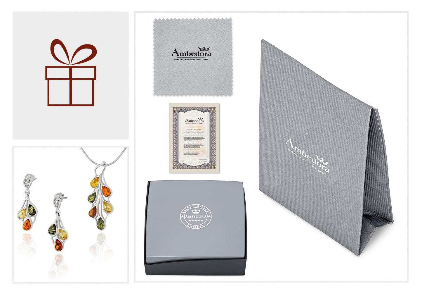 AMBEDORA Small Women's Jewellery Set Amber 458, Polished Sterling Silver, Colourful Baltic Amber, Silver Pendant on Chain and Earrings
