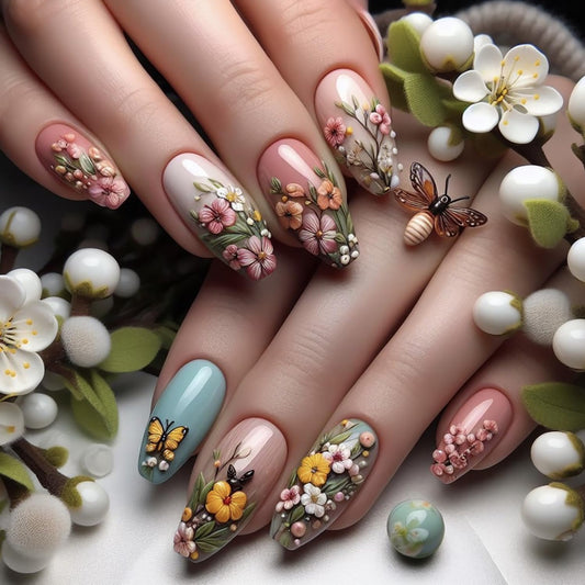 TBRZTR Flower Press on Nails Medium Ballet Shaped Full Cover Glossy Artificial Acrylic False Nail Floral Butterfly Pattern Design Spring Fake Nails Reusable Medium Glue on Nail for Women 24Pcs