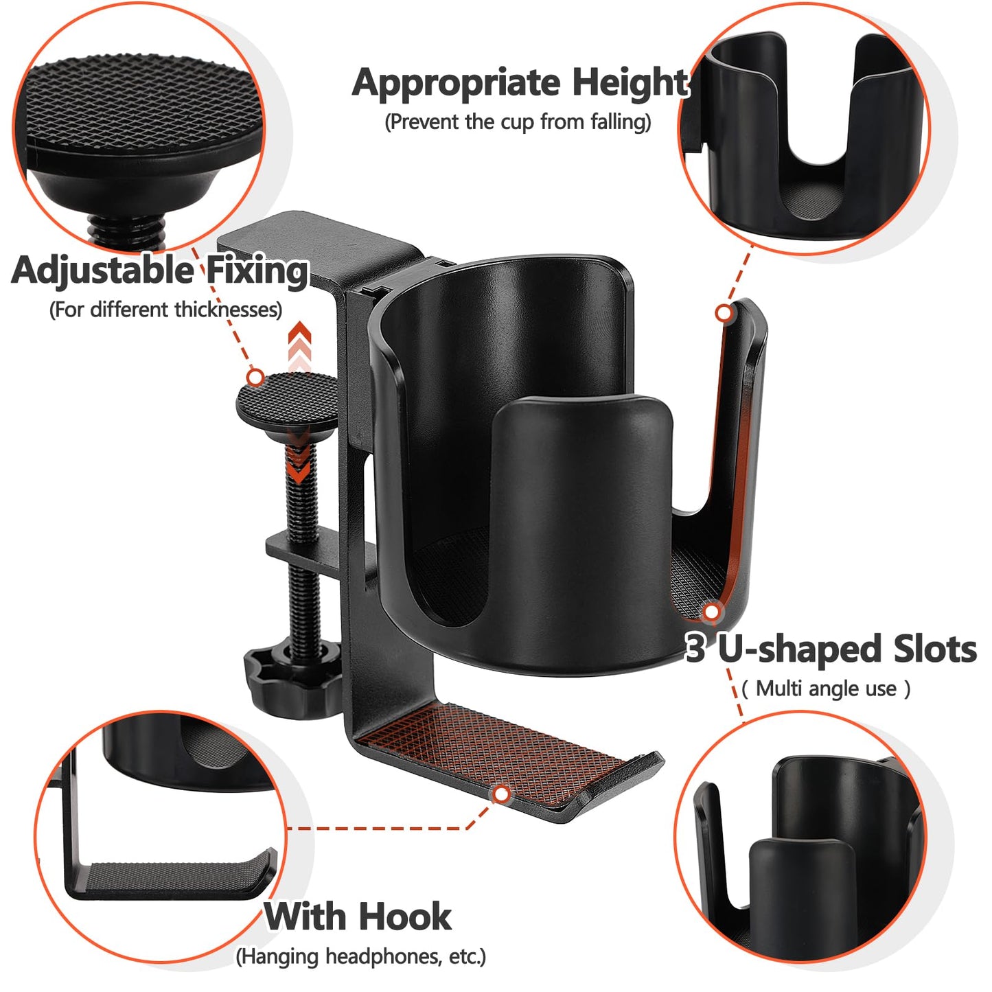 Desk Cup Holder Clamp with Headset Hook, Anti-Spill Water Bottle Stand Clip On Table Edge or Chair Armrests, Office Accessories for Coffee Drink Mug Bottles